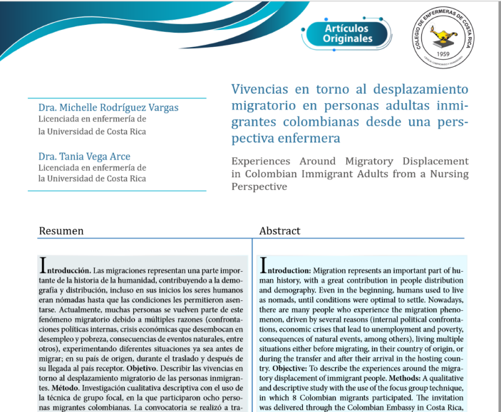 Vivencias en torno al desplazamiento migratorio en personas adultas inmigrantes colombianas desde una perspectiva enfermera.