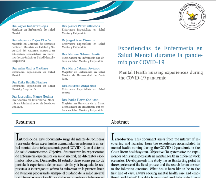 EXPERIENCIAS DE ENFERMERÍA EN SALUD MENTAL DURANTE LA PANDEMIA POR COVID-19.